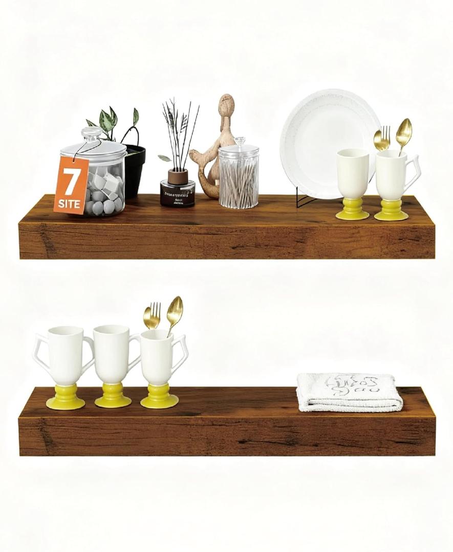 Solid Wood Floating Shelves,15in Finished Real Wood Wall Shelves with Heavy-Duty Hidden Bracket, Easy Installation, Set of 2, 15in x 7.1in x 1.5in, for Living Room Bedroom Kitchen,Bronze