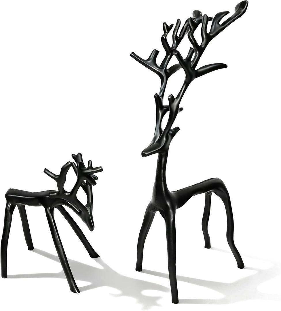 Two-Piece Set of Black Reindeer Statues,Modern Metal Ornaments,Elegant Indoor Festive Table Settings, Suitable for Fireplace mantels, Living Rooms, Bedrooms, Offices, and Other Home Decor.