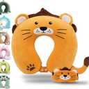 Sexysamba Cartoon Headrest & Neck Pillow for Kids Boys & Girls, Teens, Travel Accessories for Airplane, Car, Recline, Memory Foam Cute Travel Pillow with Sleep Eye Mask - Lion