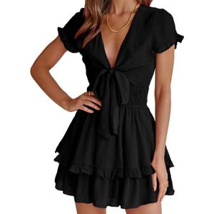 PRETTYGARDEN Women Summer Mini Short Dress 2025 Short Sleeve Casual Beach Vacation Sundress V Neck Tiered Sun Dresses (Small, Black)
