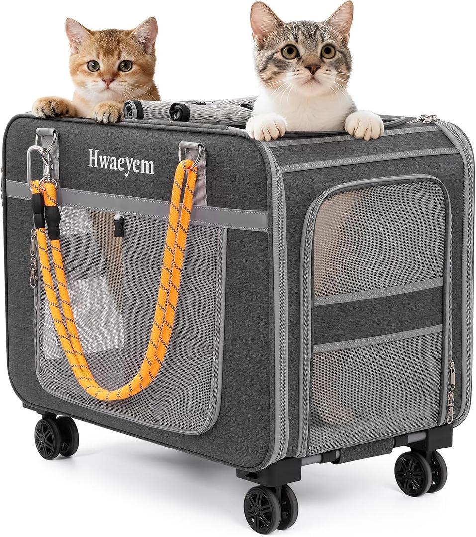 Rolling Cat Carrier for 2 Cats, 24" Large Capacity Pet Carrier with Wheels for Pets up to 40 lbs, Double Compartment Dog Travel Bag with Removable Divider & Telescopic Handle, Foldable(Gray, 24inch)