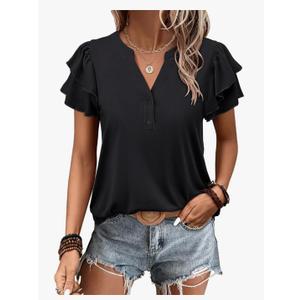 ANRABESS Womens Tops Dressy Casual Ruffle Short Sleeve V Neck Blouses Summer Button Down Business Work Elegant Shirts, Small, Black 