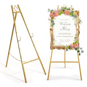 57.5" Gold Easel Stand for Sign, Wedding Sign Stand for Display, Assembly Required, 4 Adjustable Height Levels Heavy Duty Metal Display Stand Floor Standing Easels for Art, Paintings, Pictures