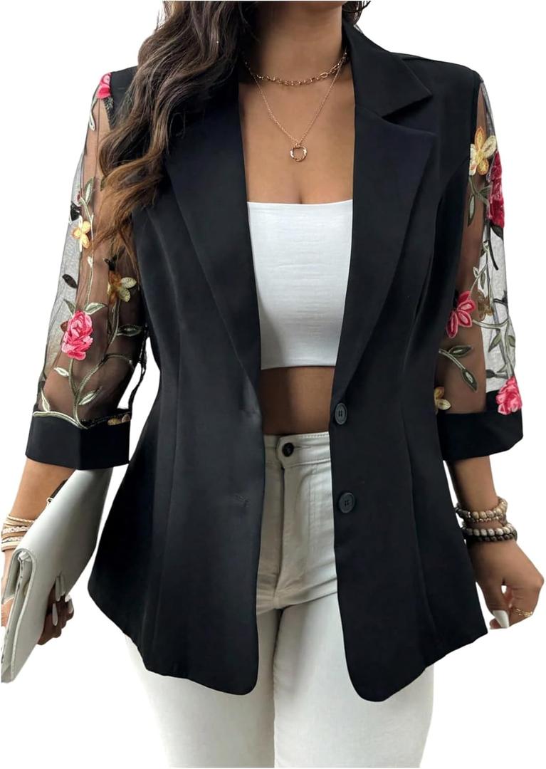 WDIRARA Women's Plus Size Floral Embroidered Mesh Button Down Blazer 3/4 Sleeve Collared Suit Jackets, Black 3X-Large Plus 