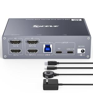 USB C HDMI KVM Switch for 1 Desktop+1 Laptop, Dual Monitor KVM Switch 4K@60Hz Support PD with USB C Cable, Wired Controller and Power Adapter