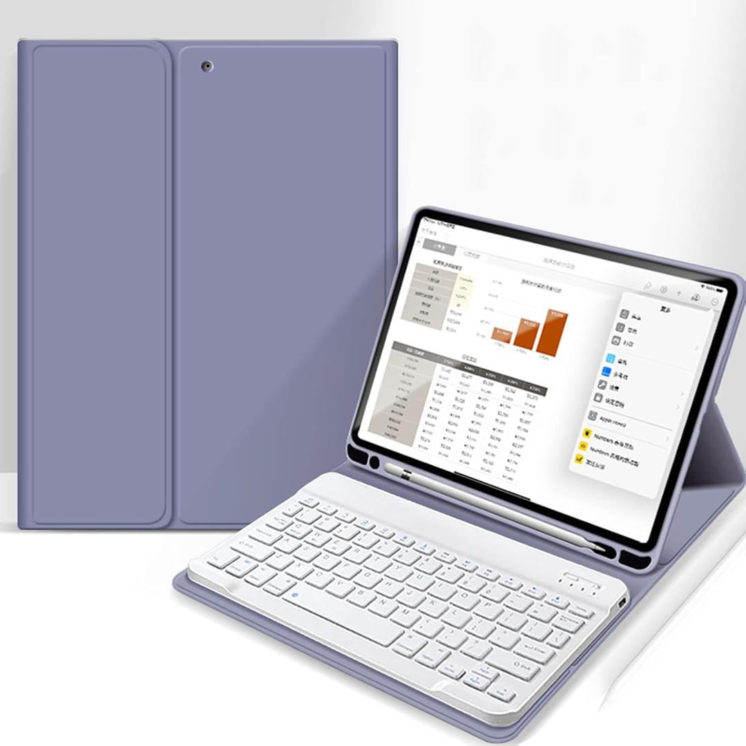 aoub Case for iPad 9th/8th/7th Generation 10.2 inch, Stand Folio Detachable Wireless Bluetooth Keyboard Cover Soft TPU Back Case with Pencil Holder for iPad 10.2 2021/2020/2019, Purple