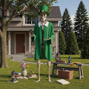 Tarpop St Patrick's Day 12 ft Skeleton Costume Accessories Include Giant Green Robe & Irish Hat- Leprechaun Outfit Accessories for Outdoor Skeleton Decoration, Yard Display & Holiday Photo Props