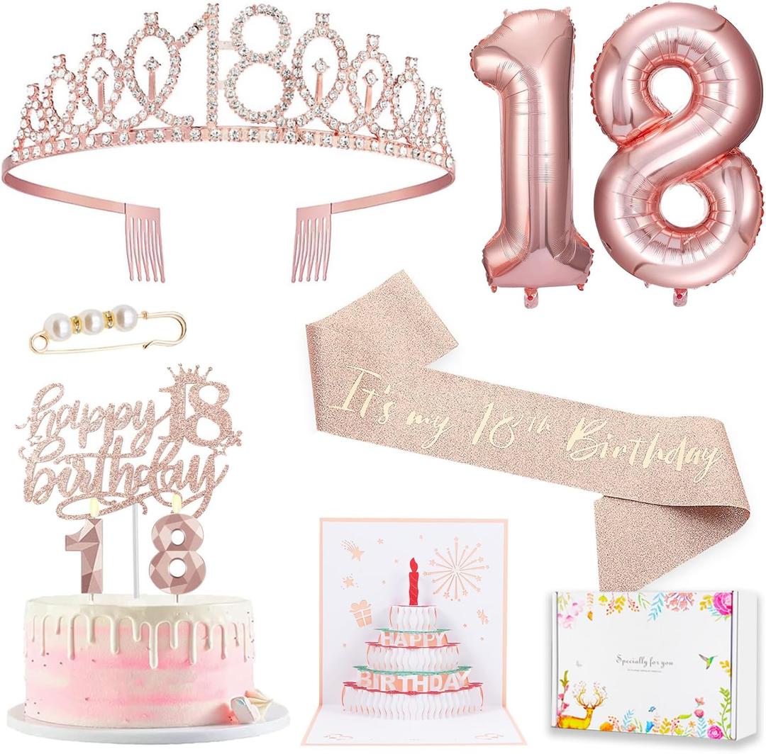 8pcs 18th birthday decorations for girls, Including 18th Happy Birthday Cake Toppers, Birthday Queen Sash with Pearl Pin, Sweet Rhinestone Tiara Crown, Number Candles and Balloons Set, Rose Gold