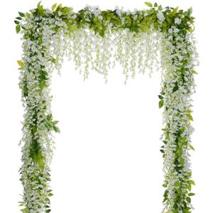 Lvydec Wisteria Artificial Flowers Garland, 4Pcs Total 28.8ft White Artificial Wisteria Vine Silk Hanging Flower for Home Garden Outdoor Ceremony Wedding Arch Floral Decor (White,green)