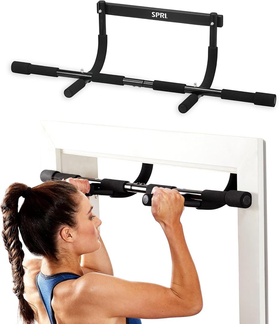 SPRI Pull Up Bar - 8-Grip and 12-Grip Door Frame Mounting Pull-Up Bar for Versatile Workouts - Rugged Steel Frame with Foam Handles - Supports 300 Pounds - Fits Door Frames Up to 32 in. Wide  Black