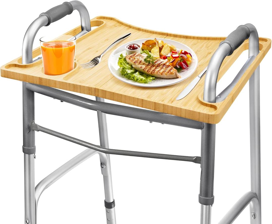 Walker Table, Bamboo Walker Tray for Walkers for Seniors with Cup Holder Foldable Mobility Table Tray for Folding Walkers