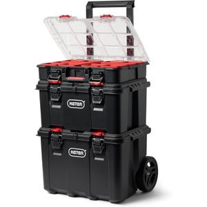 Keter Stack-n-Roll Modular Tools Organizer for Garage Storage and DIY, 3 Piece Resin Rolling Tool Box System for Small Parts