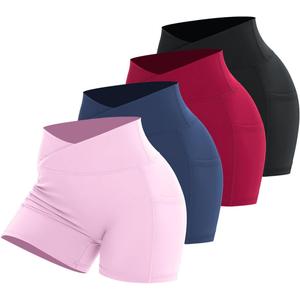 Workout Shorts for Women 2 Pcs Pack Cross Waist Active Gym Spandex Stretchy Yoga Compression with Side Pockets, Color: Black+red+navy+pink