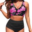 High Waisted Two Piece Swimsuit-Women's Bikini Set Tummy Control Bathing Suit Modest Full Coverage Bikini 2025 (Large, Pink Floral)