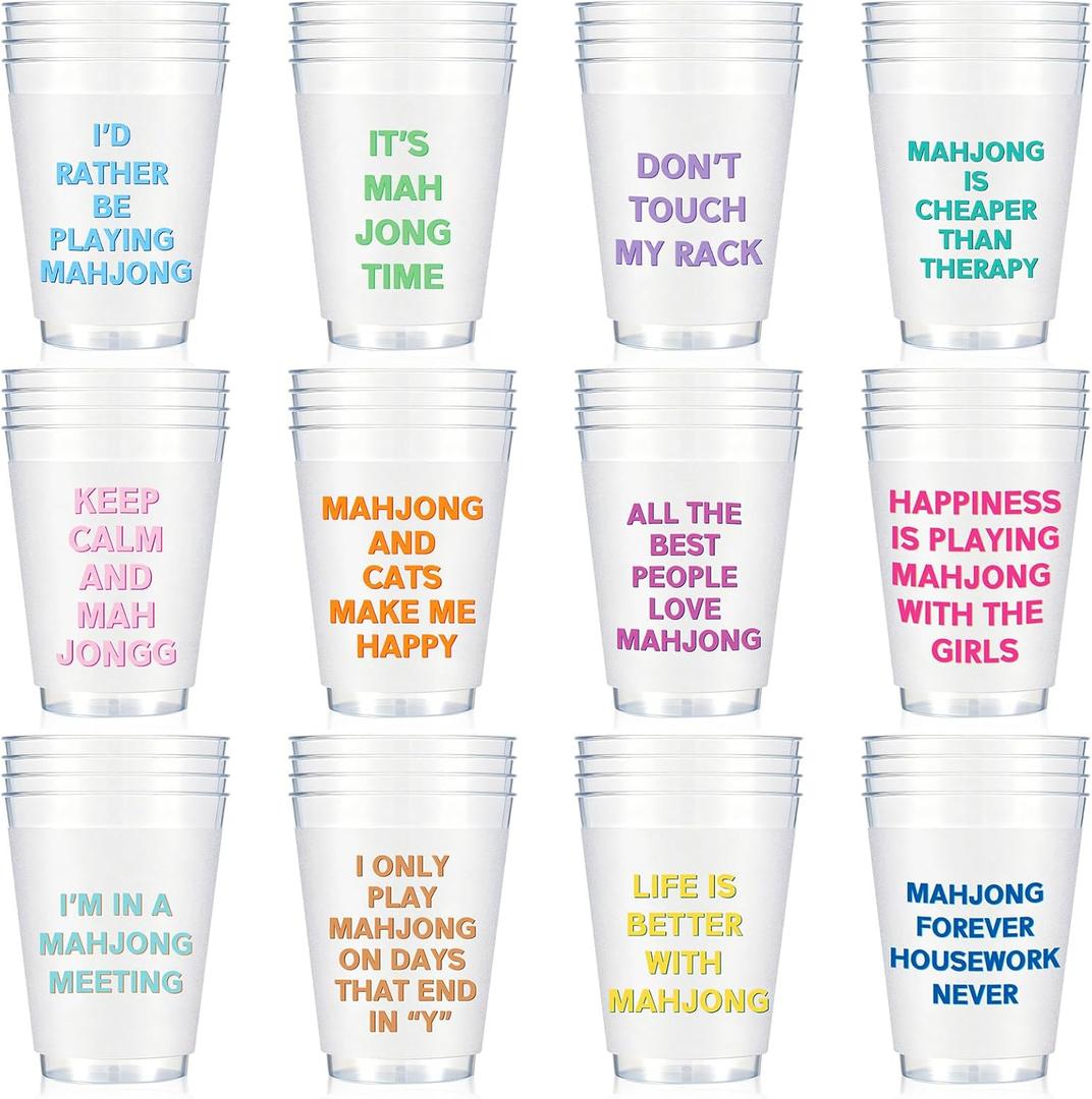 LemonRoad 48 Pcs 12 oz Mahjong Cups Frosted with Multicolor Funny Phrases Mah Jong Party Supplies Reusable Plastic Mahjong Game Night Cups Gifts for Christmas Birthday Celebration (Classic Style)