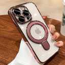 Case for iPhone 15 Pro 6.1", Compatible with MagSafe, Luxury Plating Shockproof Clear Phone Cover with Invisible Stand, Full Camera Lens & Screen Protector for Women Girls, Titanium Pink