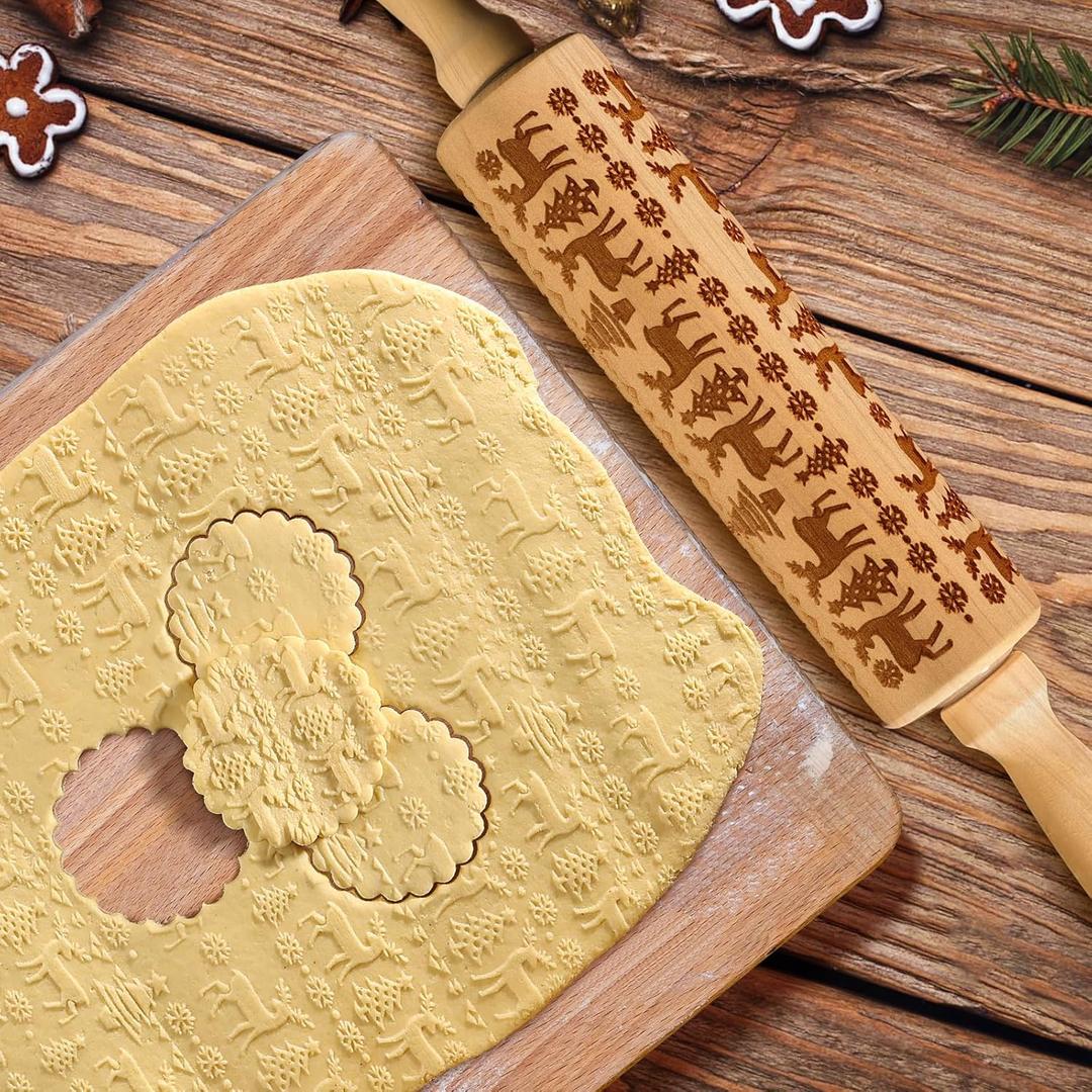 Embossed Wooden Rolling Pin, Natural Wood with Carved Snowflake, Elk, and Tree Patterns. Ideal for New Year and Valentine's Day Baking Embossed Cookies and Gift for Kids and Adults for Christmas (Elk pattern 16.9 inch)