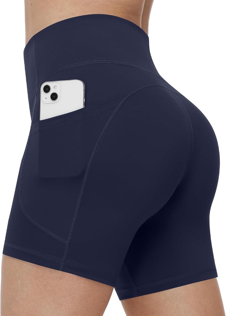 Runhit Women's Biker Shorts No Front Seam 6" High Waist Tummy Control Workout Yoga Gym Running Spandex Shorts Pockets, M