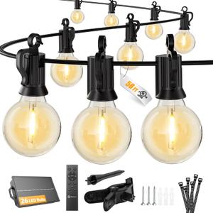 Brightown 58FT Solar String Lights Outdoor with Remote and 26 LED Shatterproof Bulbs, Dimmable & Timable, 3 Light Modes, Solar Patio String Lights Outdoor for Cafe, Garden, Deck, Outside Wedding