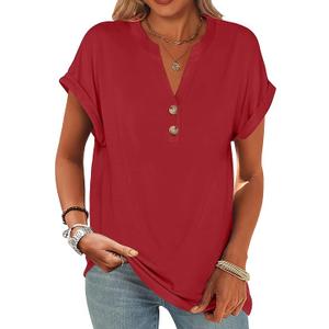 ANRABESS Womens Short Sleeve Henley Tops V Neck Dressy Casual Blouses Summer Trendy Tee Shirts 2025 Vacation Fashion Clothes, Size M