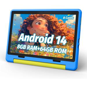 Kids Tablet, Android 14 Tablet for Kids 10 inch Octa-Core with Case, 64GB 1TB TF Card Expandable for Toddler Children, Parental Control, Dual Camera, WiFi, Gift (Blue)