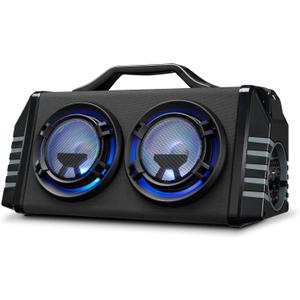 iLive Electronics IBB503GEO Portable Bluetooth Boombox with FM Radio and 2 Microphone Inputs, Color Changing LED Lights, Carry Strap, Black with Geometric Pattern