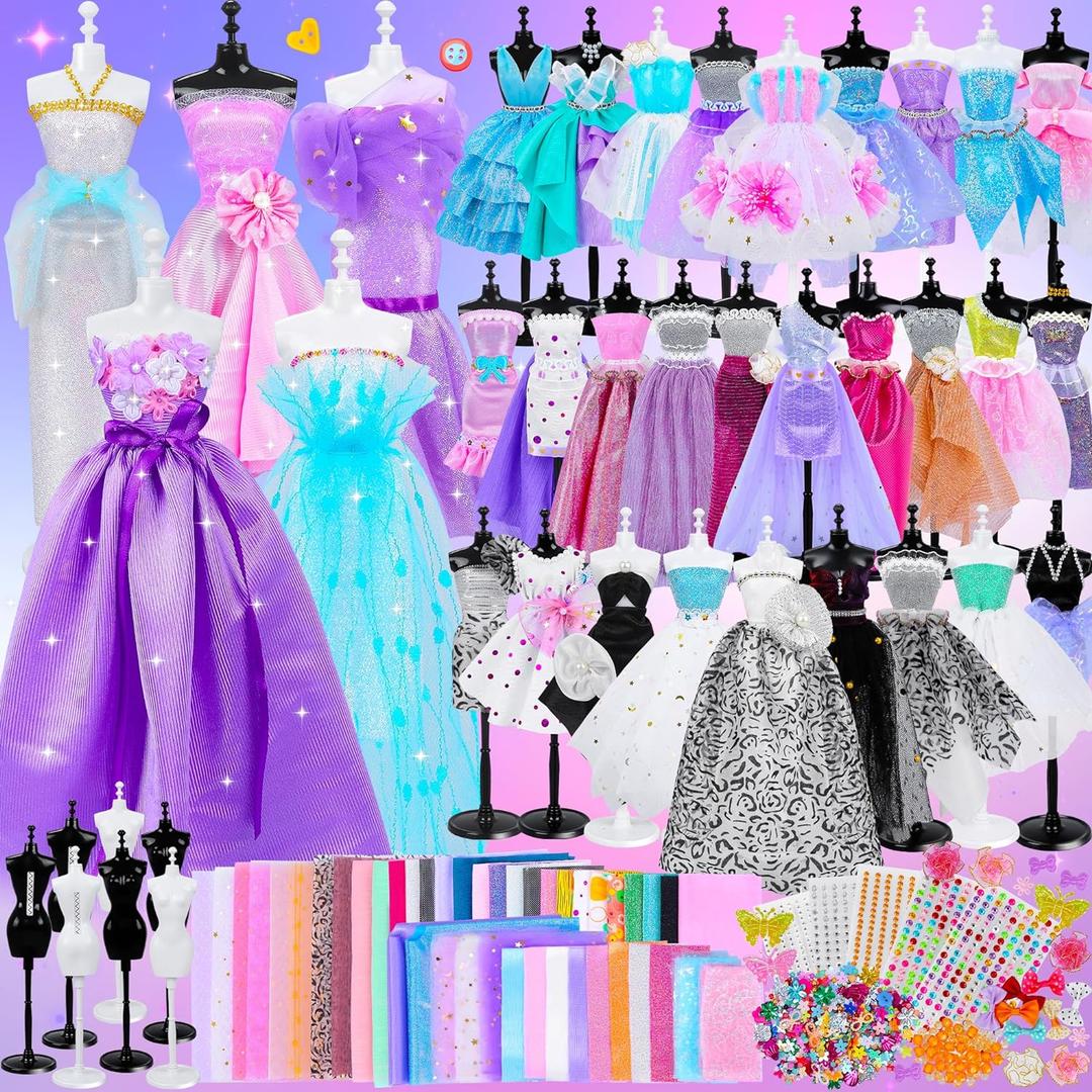 MINIFUN 1500+Pcs Fashion Designer Kit for Girls, Sewing Kit with 7 Mannequins, DIY Arts and Crafts Kit for Kids, Doll Clothes Making Kit, Girl Toys for Age 6 7 8 9 10 11 12 Year Old Gifts (D002)