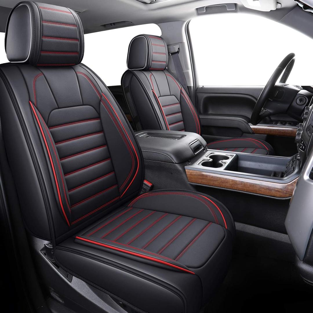 YIERTAI Compatible with Chevy Chevrolet Silverado GMC Sierra Seat Covers for 2007-2025 2026 1500/2500/3500HD Crew Double Cab Truck Waterproof Leather Car Seat Covers(5 PCS Full Set/Black-Red)