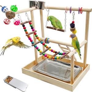 PINVNBY Bird Playground Parrot Playstand Play Gym Cockatiel Wood Bird Toys Birds Cage Accessories Playpen Ladder with Feeder Cups Hanging Swing Toys for Parakeet Conure Lovebird Cockatiel (14.96"L x 11.02"W x 16.14"H)
