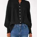 PRETTYGARDEN Fall Lantern Long Sleeve Shirts for Women 2026 Trendy Button Vneck Pullover Henley Tops Dressy Work Blouses (Black, M)