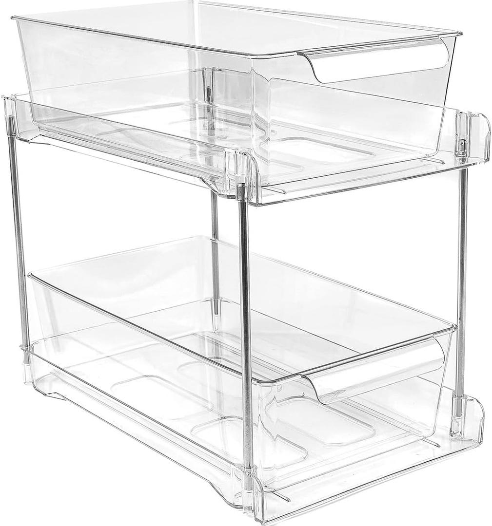 1 Pack 2-Tier Bathroom Under Sink Organizers and Storage - Clear Stackable Containers for Kitchen, Pantry, Vanity, Medicine Cabinet, Makeup, and Counter with Pull-Out Track