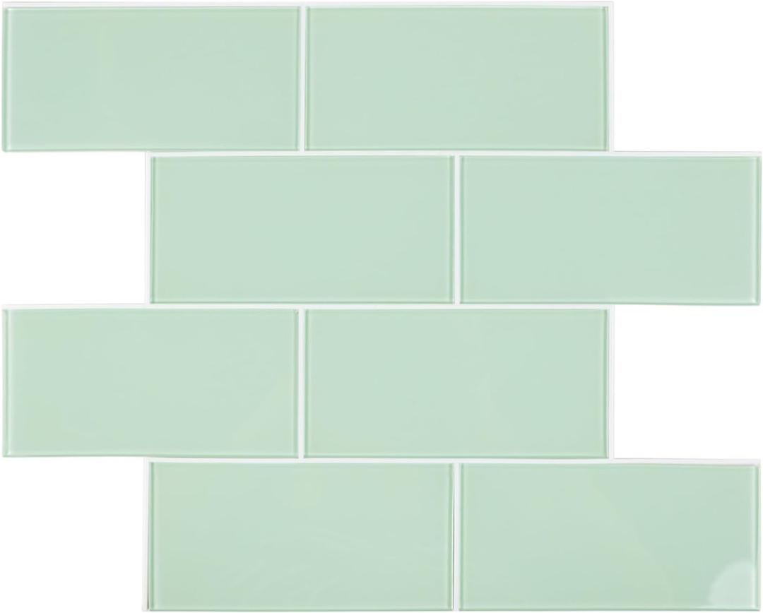 Peel and Stick Glass Subway Tile, Green Glass Backsplash Stick on Wall Tiles for Kitchen Bathroom (5 Sheets, 5 SQ.FT.)