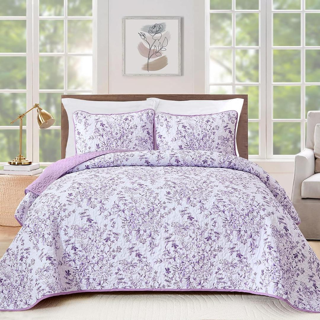 WONGS BEDDING Quilt Queen Size, Purple Quilt Bedding Set with 2 Pillowcases, Botanical Quilt for Queen Bed, Soft Microfiber Lightweight Coverlet Bedspread for All Season (96"90", 3 Pieces)