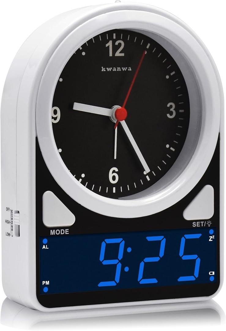 KWANWA 2-in-1 Analog Digital Alarm Clock  Light Sensor LED Display, Snooze, 12Hr Format, Easy to Read for Kids Learning Time, Bedroom, Desk, Living Room  Retro Design for Seniors, Teens, Children (Blue Digits Led)