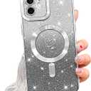 NITITOP Compatible with iPhone 12 Case Cute Clear Glitter [Compatible for MagSafe] Sparkle Bling Magnetic Plating Heart Girl Women Electroplated Frame Camera Protection Back Cover - Silver