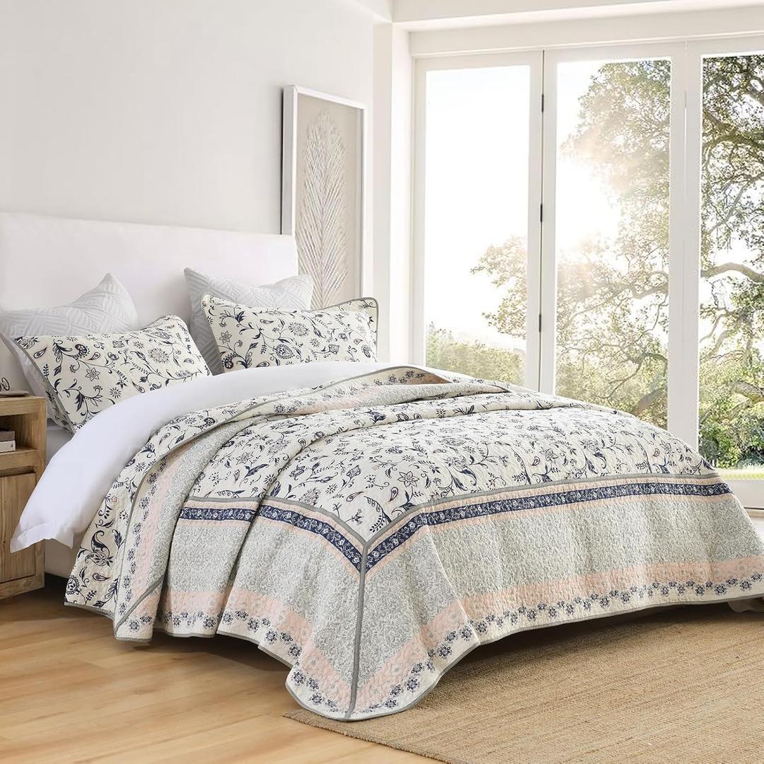 SahSahCasa 100% Cotton 120"x102" Oversized Queen Bedspread Coverlet Quilt Set, Queen Quilted Bedspread Extra Large Quilt, Floral XL Bed Spread Lightweight Comforter, 3pc, Navy (Navy/Gray/Pink)