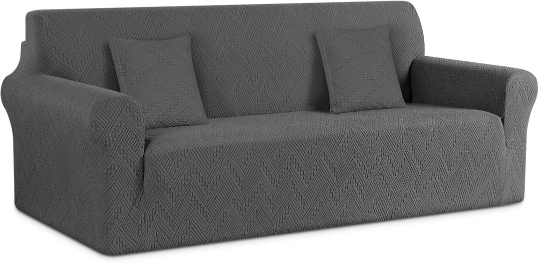 Ruaozz Stretch Sofa Cover 1 Piece Couch Covers for 3 Cushion Couch Non Slip Sofa Slipcover Washable Soft Jacquard Furniture Protector with 2 pcs Throw Pillow Covers (3 Seater, Dark Gray)