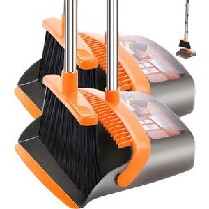 2-Pack is More economical, Upgraded Broom and Dustpan, with 52" Long Handle, Dustpan Teeth with self-Cleaning Function, Indoor and Outdoor Sweeping, Perfect for Home Office (Large Size/Orange /2-Pack)