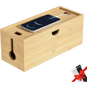 Bamboo Cable Management Box, Medium Cord Organizer Box Cable Box to Hide Wires & Power Strips for Desktop Storage Cord Holder for Office Home,No Assembley Required (Natrual)