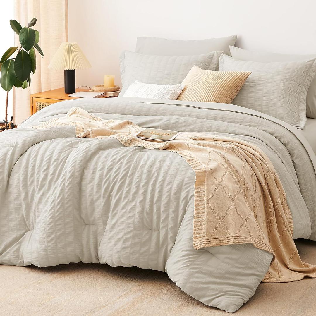 CozyLux Queen Comforter Set Oatmeal Seersucker 7 Pieces Bed in a Bag Queen Comforter Set with Sheets Luxury Soft Bedding Set with Down Alternative Comforter, Sheets, Pillowcases & Shams for All Season