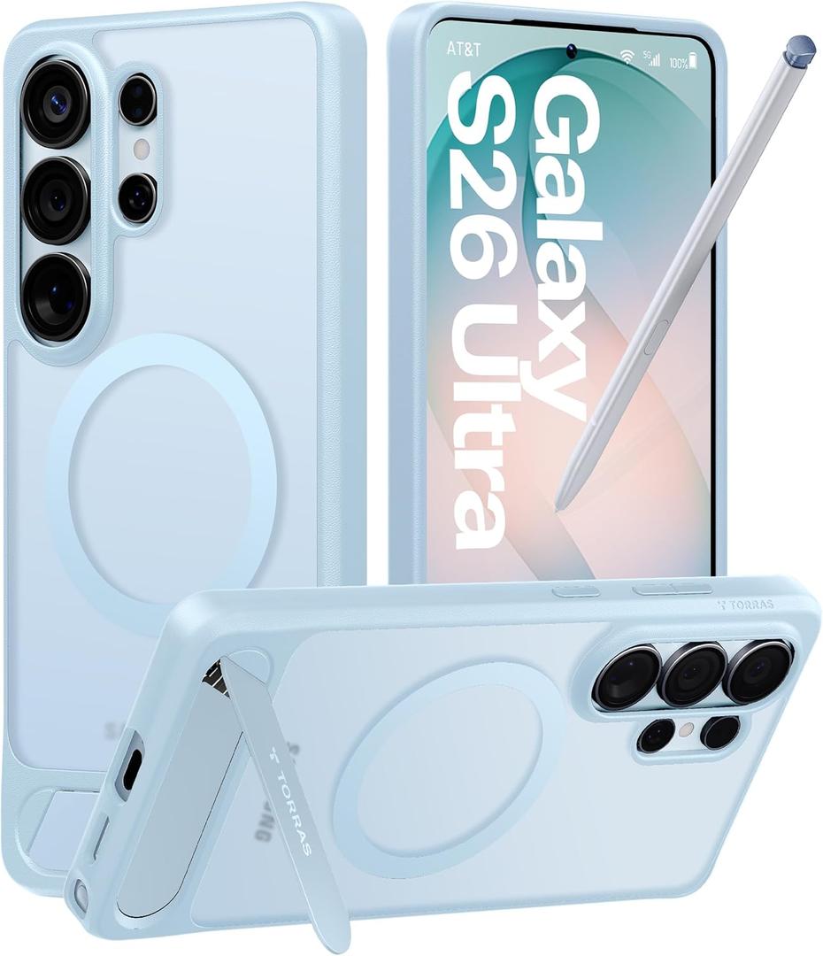 TORRAS Strong Magnetic & Seamless Stand for Samsung Galaxy S26 Ultra Case, Fit for MagSafe, Mil-Grade Drop Protection, Kickstand for Samsung Galaxy S26 Ultra Case, Translucent Back/Sky Blue Edge