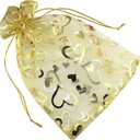 QIANHAILIZZ 100 Pack 7 x 9 Inch Drawstring Flower Heart Bags Organza Jewelry Gift Pouch Candy Pouch Drawstring Wedding Favor Bags (gold heart)
