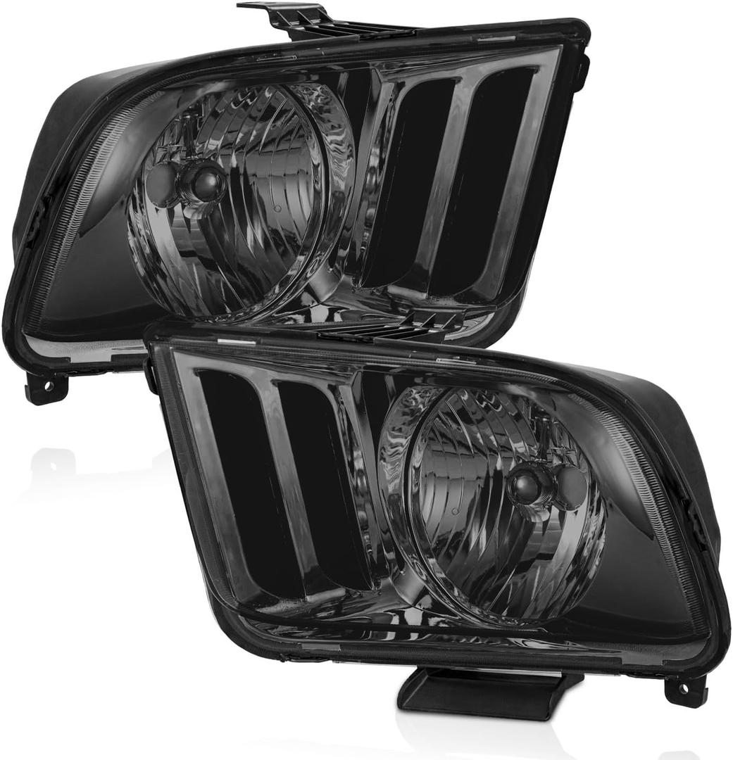 WEELMOTO Headlights Compatible with 2005-2009 Ford Mustang (Does NOT fit factory Xenon), Headlamp Replacement For 2005 2006 2007 2008 2009 Mustang Headlight Assembly Chrome Housing Smoke Lens