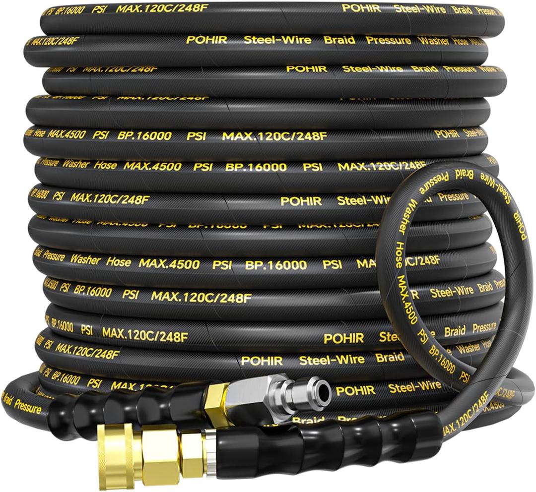 POHIR Pressure Washer Hose 50ft 4500PSI, Power Washer Hose Steel Wire Braided 3/8'' Swivel Quick Connect, 5/16'' ID. Commercial Grade Industrial High Pressure Water Washing Hose