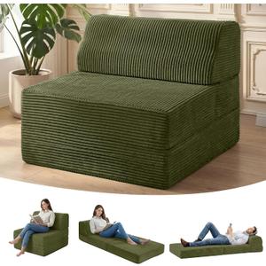 Kasunpul Folding Sofa Bed with Pillow, Memory Foam Fold Out Chair Bed, Convertible Sleeper Chair with Washable Cover, Futon Floor Couch for Living Room/Dorm/Guest Use/Home Office/Apartment, Green