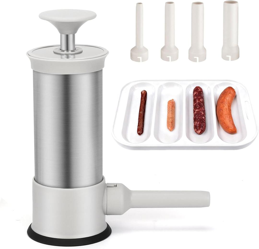 Manual Sausage Stuffers, 2.2-Pound Household Vertical Sausage Makers with 4 Stuffing Nozzles for Homemade Sausage, Faster Ground Meat Filling, Whtie