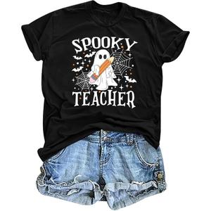 Halloween Teacher Shirts for Women Spooky Season Fall Spooky Teacher Tshirts Cute Ghost Teacher Tee Halloween Party Tops (S)