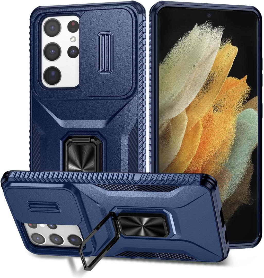 for Galaxy S21 Ultra Case with Sliding Camera Lens Cover,HD Screen Protector,360 Rotating Kickstand,AYMECL Military-Grade Shockproof Protective Cover for Samsung Galaxy S21 Ultra,Blue