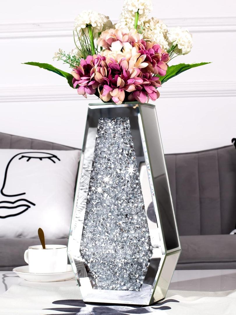 Flower Vase Crushed Diamond Vases for Decor Silver Mirror Vases for Centerpieces, Bling Crystal Decorative Glass Vase for Home Decor, 12 Inch - Cant Hold Water