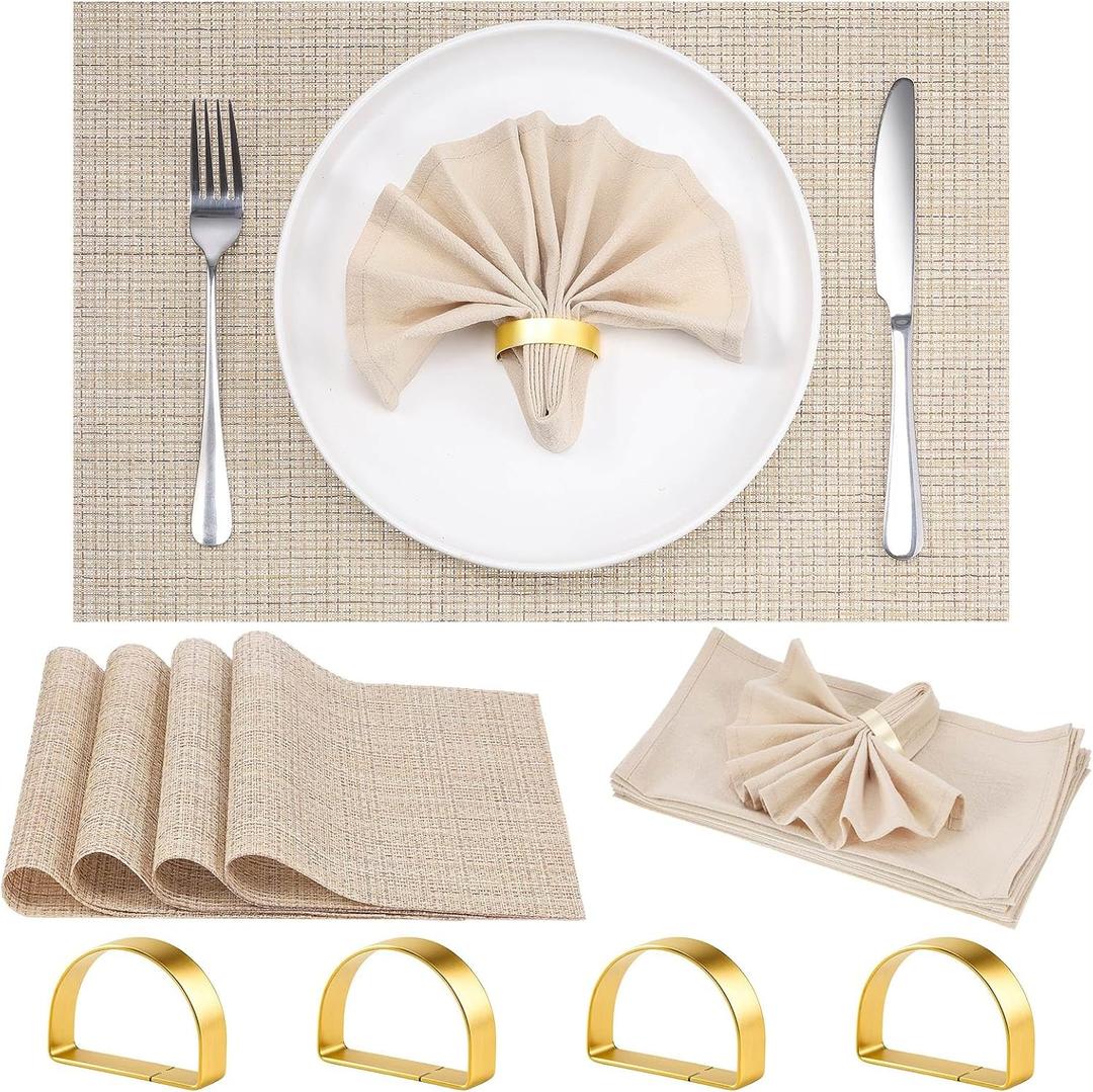 4 Set Beige Placemats, Gold Napkin Rings with Dinner Napkins Cloth, Heat Resistant Non-Slip Place Mats for Dining Table, Washable Durable PVC Vinyl Woven Table Mats for Plates Wedding